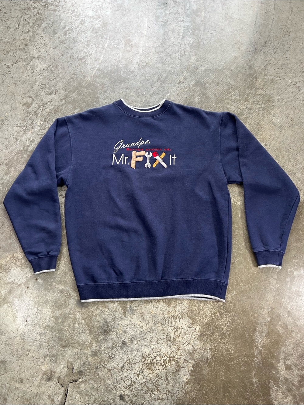 Vintage Grandpa Mr Fix It Embroidered Crewneck Sweatshirt Oversized Large Navy